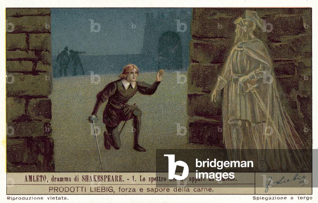The ghost of his murdered father, the king, appears to Hamlet (chromolitho)
