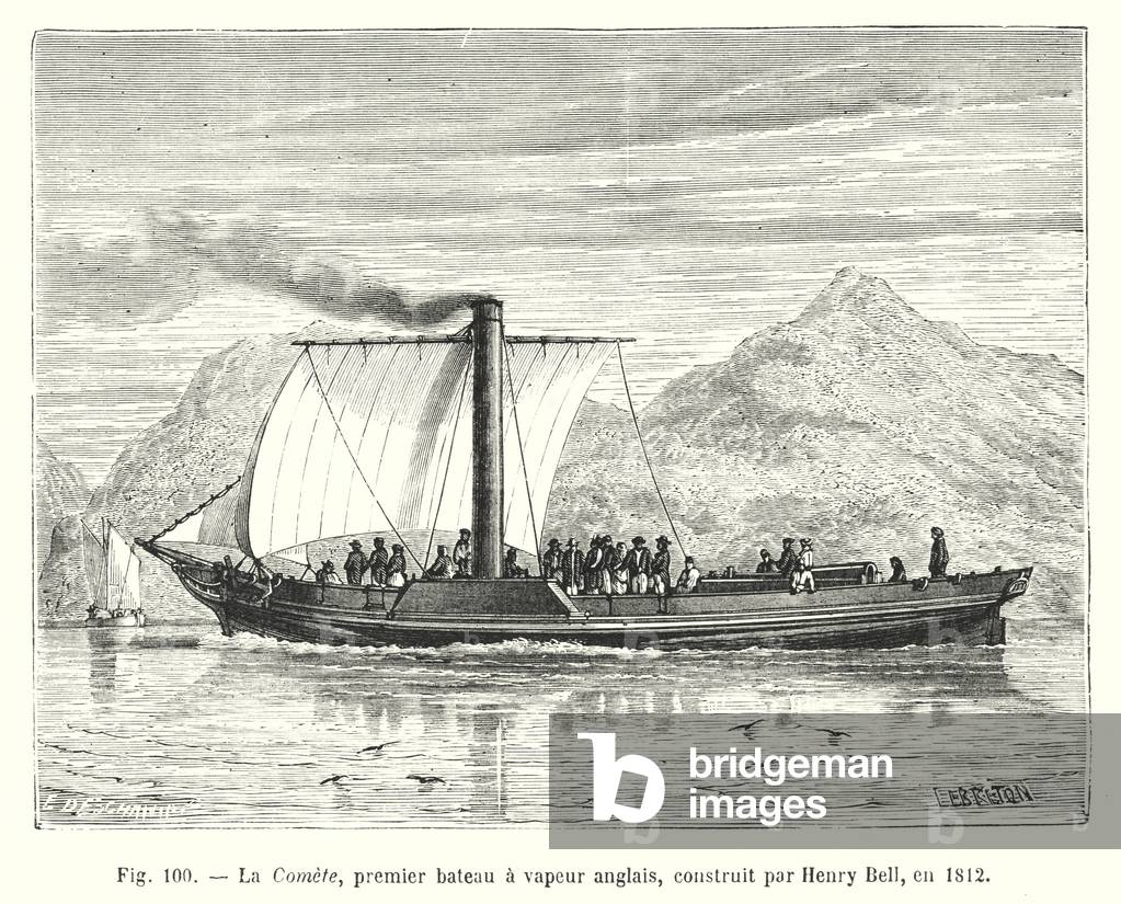 La Comete, premier bateau a vapeur anglais, construit par Henry Bell, en 1812 (engraving)