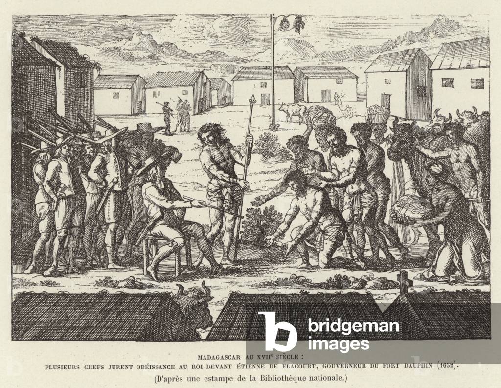 Madagascar au XVIIe siecle, plusieurs chefs jurent obeissance au Roi devant Etienne de Flacourt, Gouverneur du Fort Dauphin, 1652. Native chiefs swearing obedience to the King of France before Etienne de Flacourt, Governor of Fort Dauphin, Madagascar, 163 (engraving)