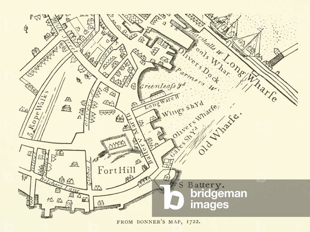 Map of part of Boston, Massachusetts, from Bonner's map, 1722 (engraving)