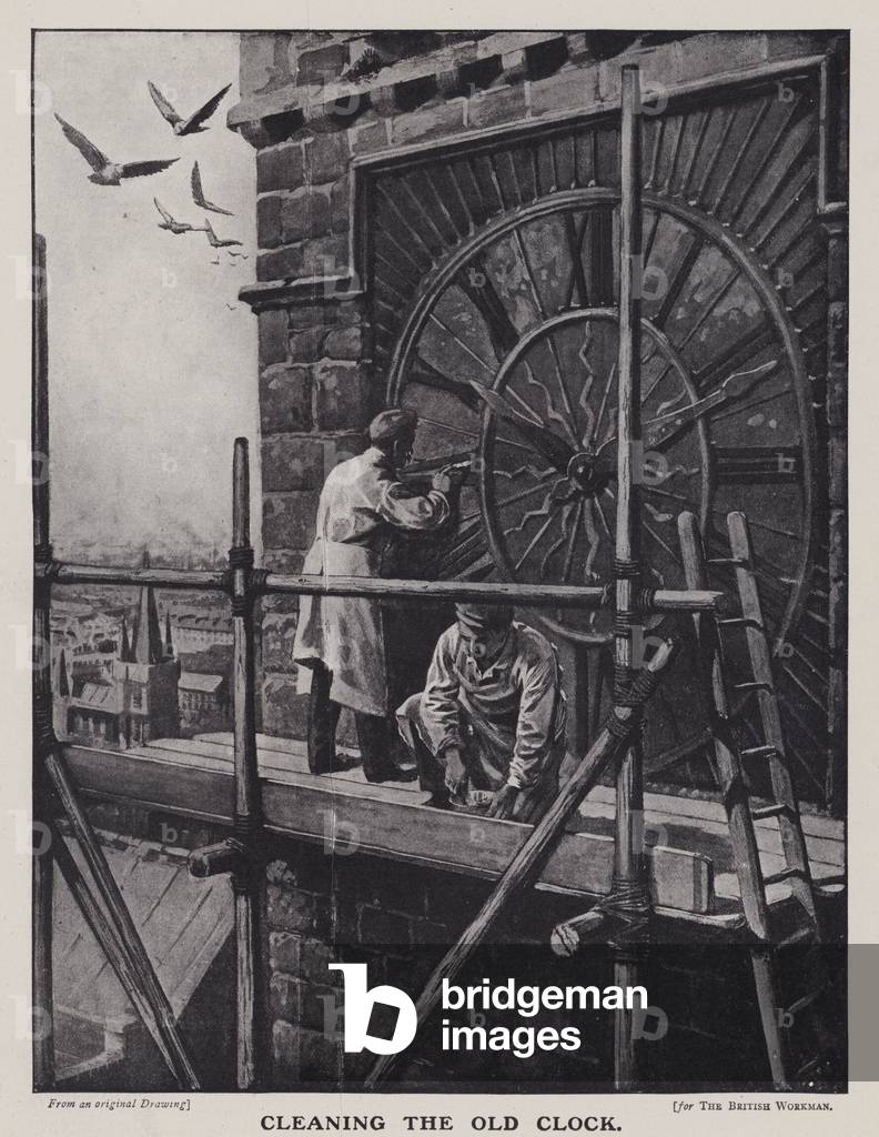 Workers cleaning a clock (litho)