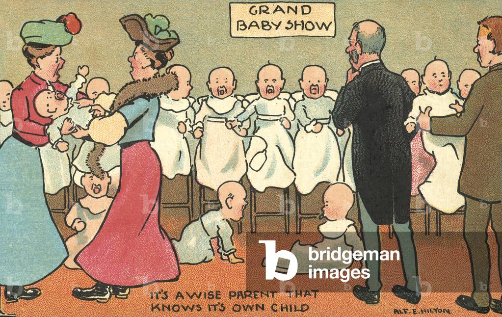 Parents struggling to tell their babies apart at a baby show (chromolitho)