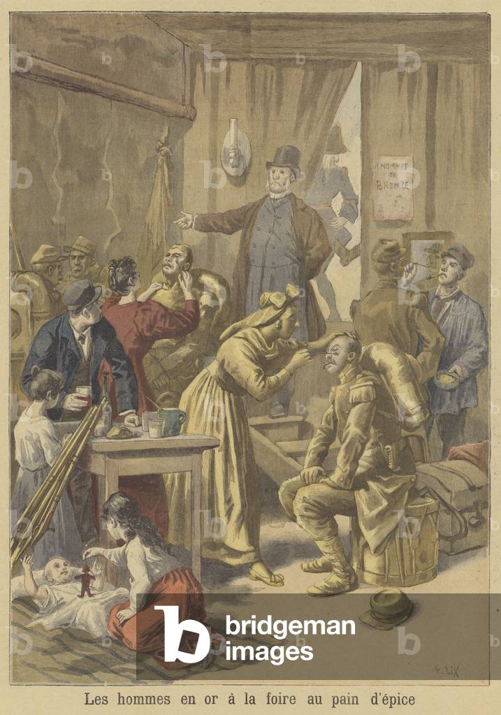 Men being painted gold before the Easter Gingerbread Fair (colour litho)