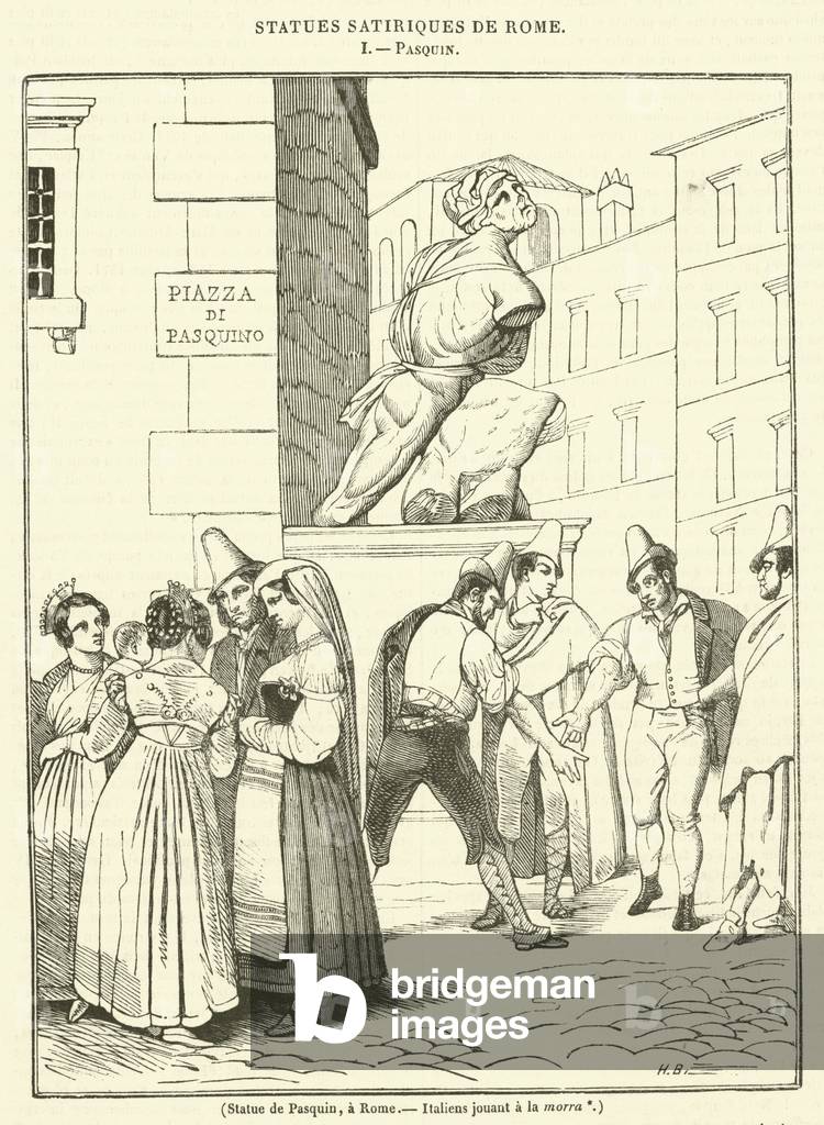 Statue de Pasquin, a Rome, Italiens jouant a la morra (engraving)