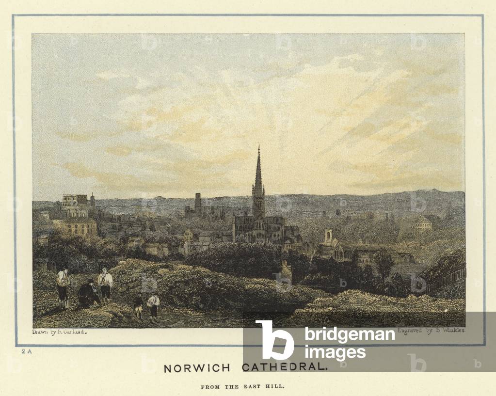 Norwich Cathedral, from the East Hill (colour litho)