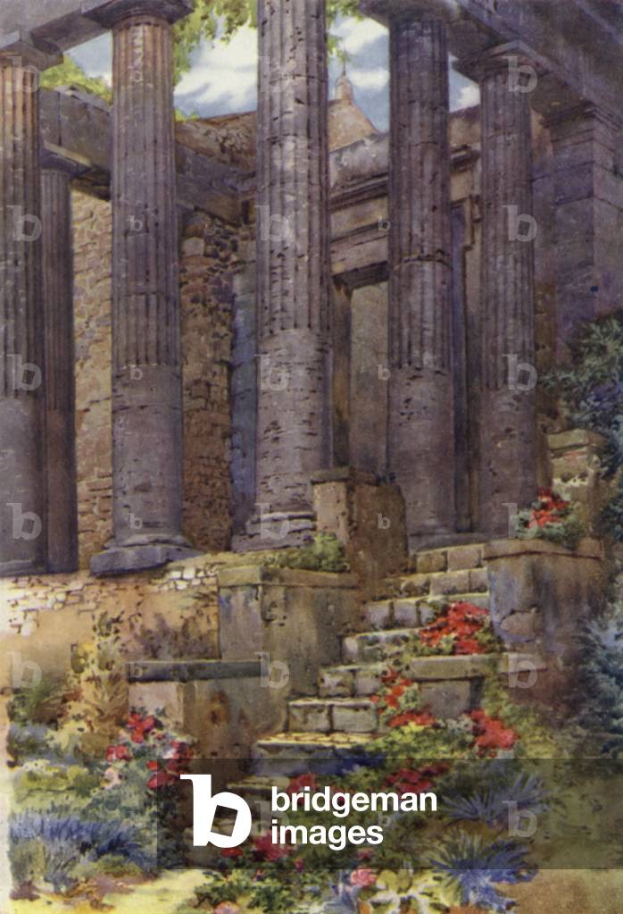 Greek Temple of Hercules, Cori (colour litho)
