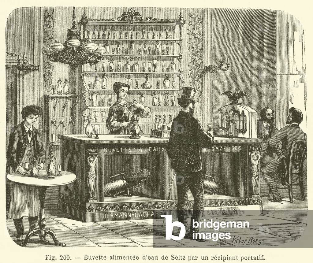 Buvette alimentee d'eau de Seltz par un recipient portatif (engraving)