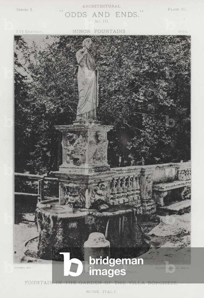 Fountain in the Garden of the Villa Borghese, Rome, Italy (b/w photo)
