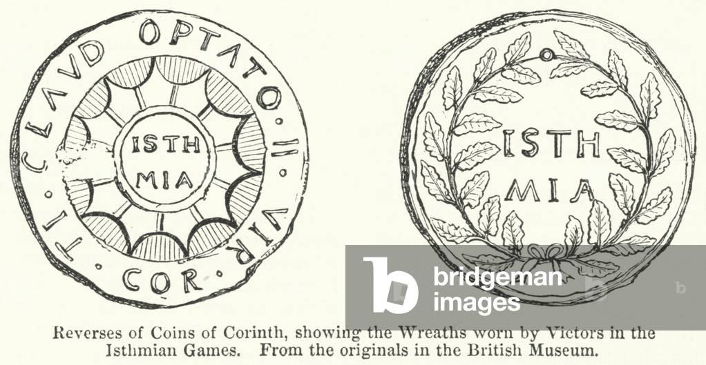 Reverses of Coins of Corinth, showing the Wreaths worn by Victors in the Isthmian Games (engraving)