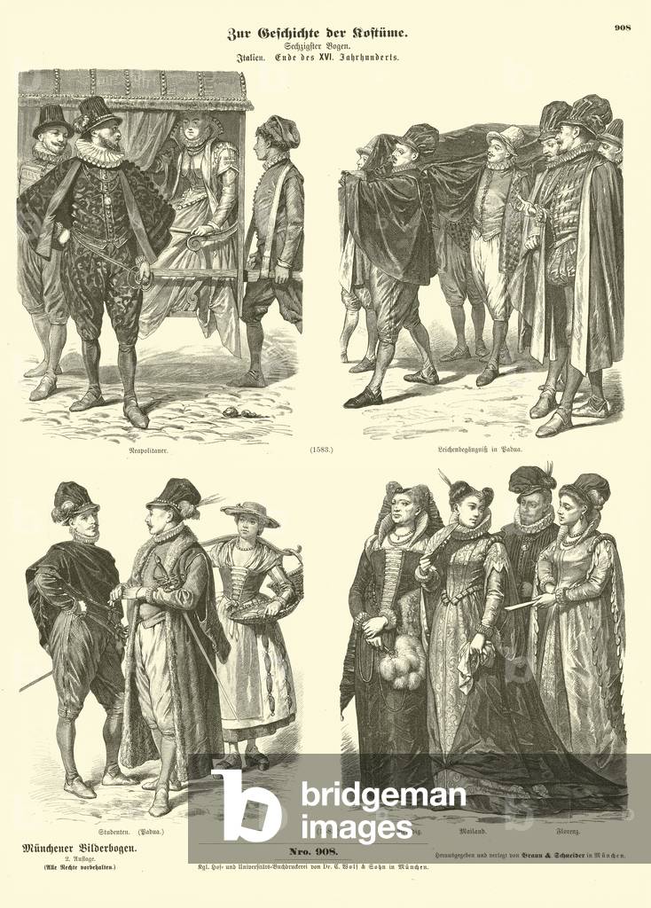 Italian costumes, late 16th Century (engraving)