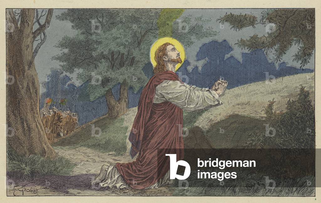 Jesus Christ in the Garden Of Olives (colour litho)