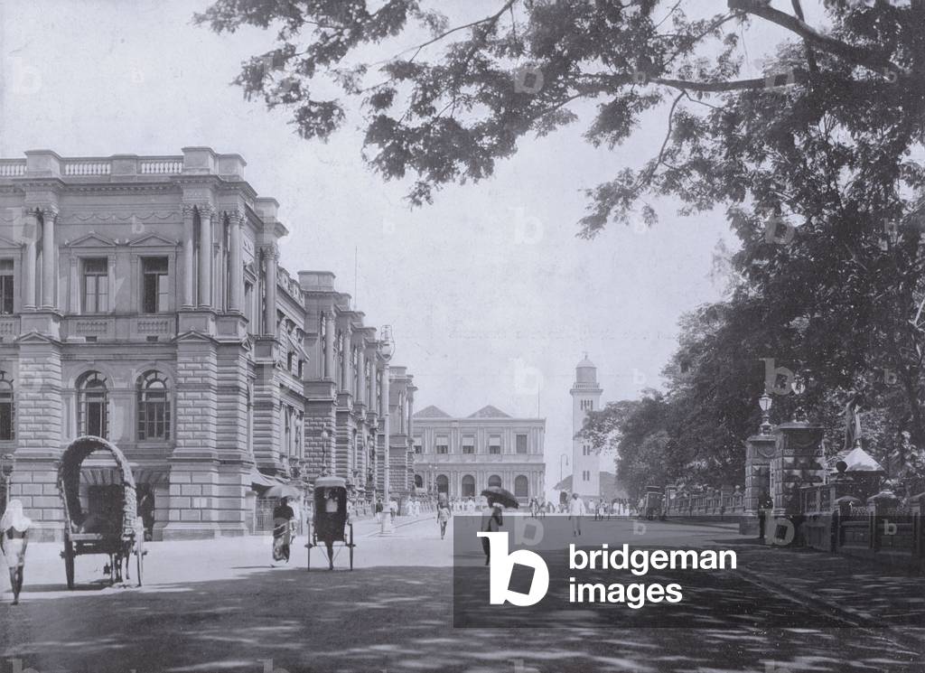 General Post Office on left, Entrance to Queen's House on right, and Clock Tower in distance (b/w photo)