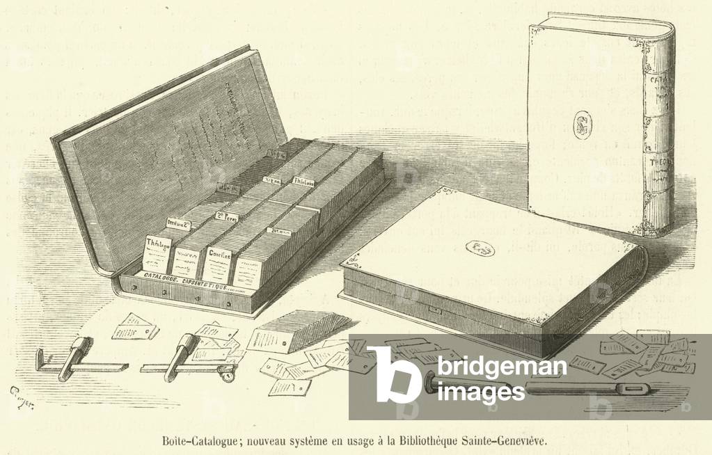 Boite-Catalogue, nouveau systeme en usage a la Bibliotheque Sainte-Genevieve (engraving)
