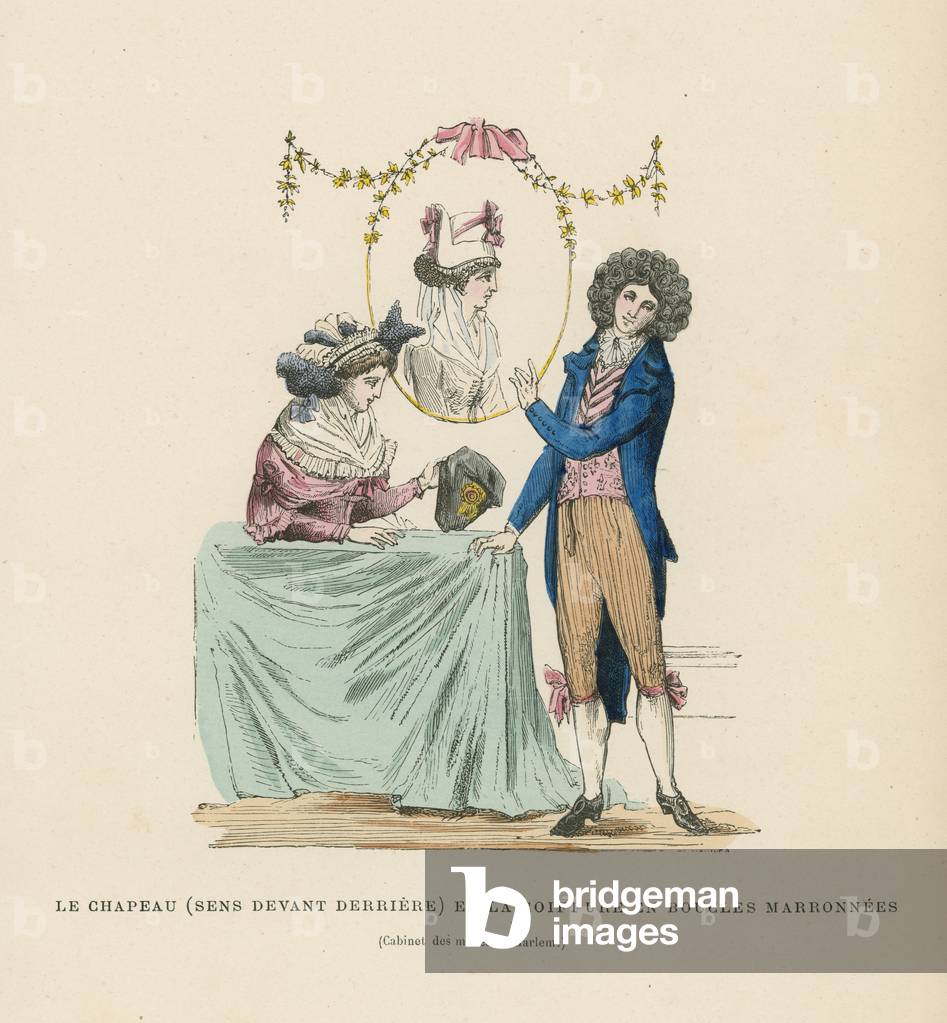 Back to front hat and curly hairstyle (coloured engraving)