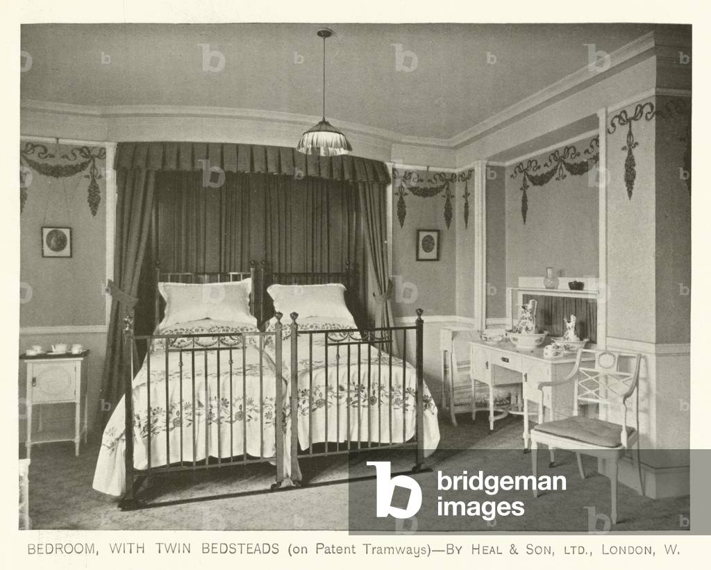 Bedroom, with Twin Bedsteads (on Patent Tramways), by Heal and Son, London W (black and white photograph)