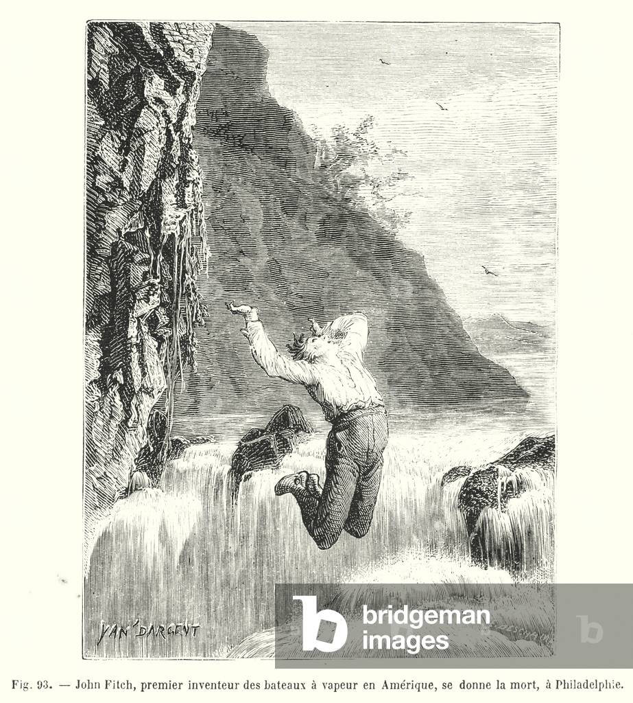 John Fitch, premier inventeur des bateaux a vapeur en Amerique, se donne la mort, a Philadelphie (engraving)