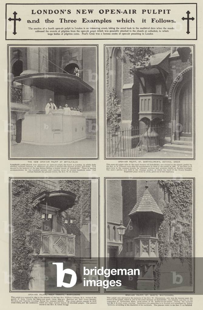 London's new open air pulpit and the three examples which it follows (b/w photo)