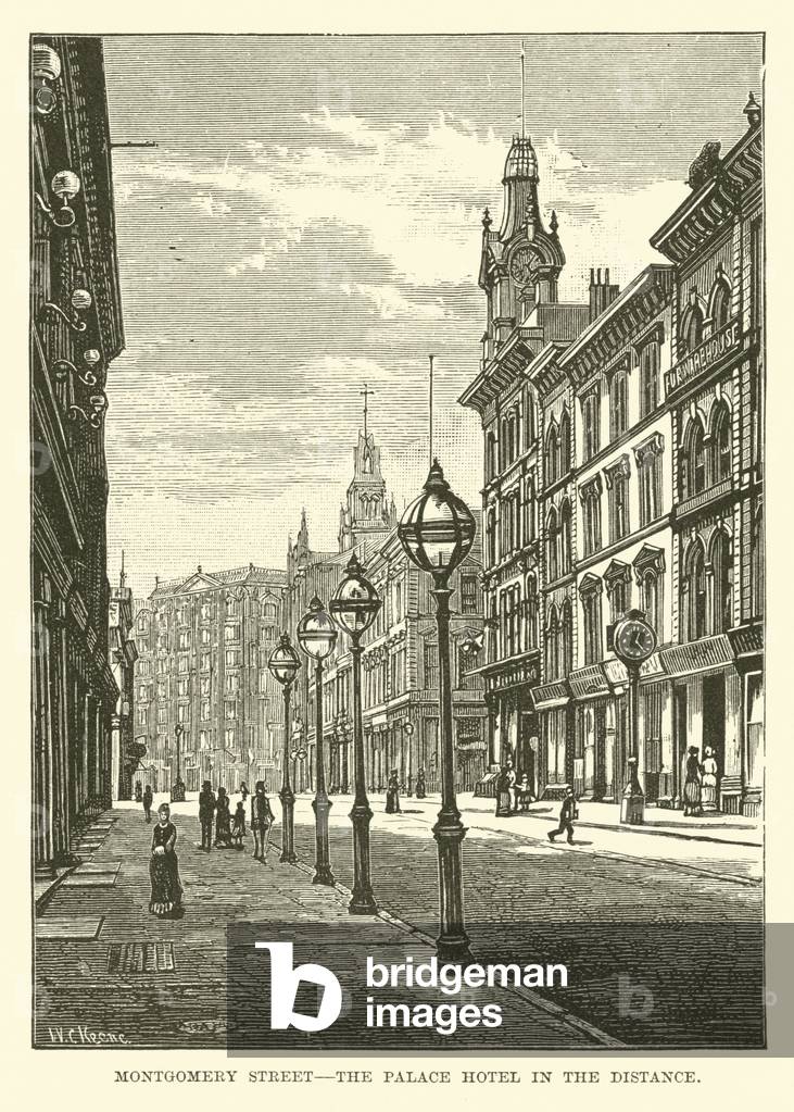 Montgomery Street, the Palace Hotel in the distance (engraving)