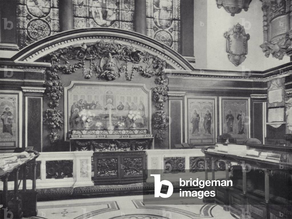 Westminster, Parish Church of St James, Piccadilly, 1684, Communion Table and Rails, and Reredos, late 17th-century, Entablature and pediment cornice, 19th-century (b/w photo)