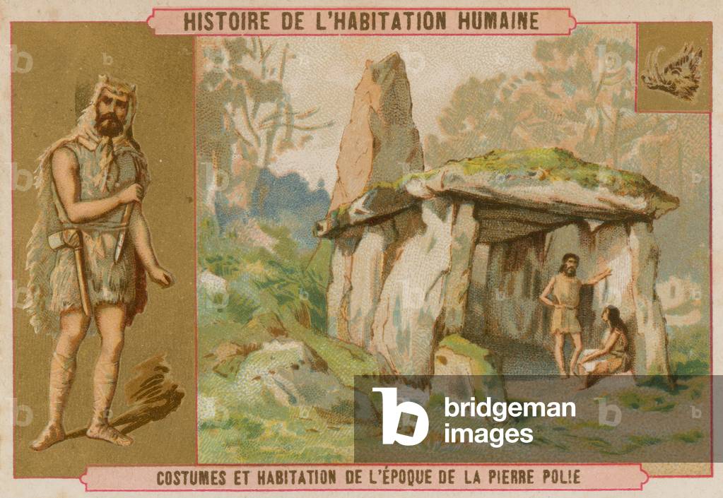 Clothes and house of stone age man (chromolitho)