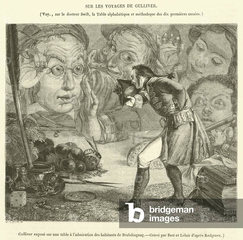 Gulliver expose sur une table a l'admiration des habitants de Brobdingnag (engraving)