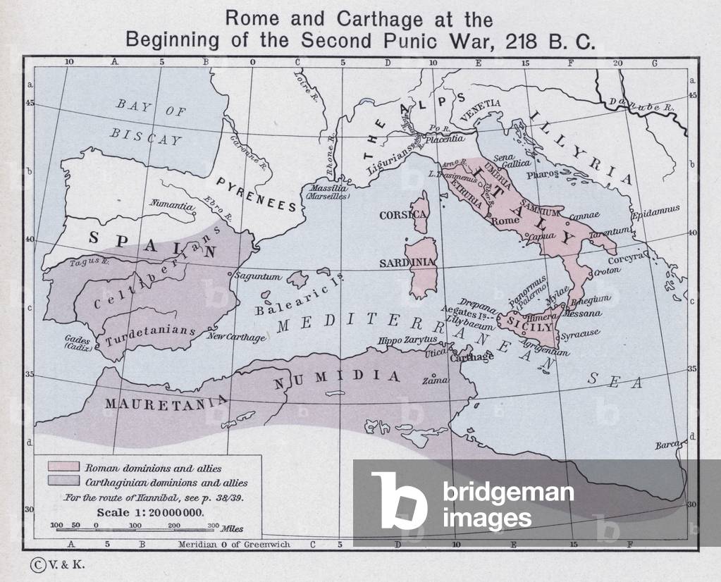 Rome and Carthage at the Beginning of the Second Punic War, 218 BC (colour litho)