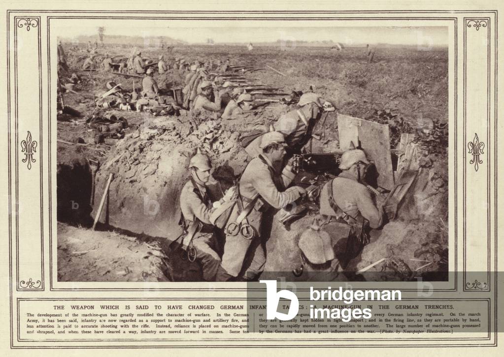 The weapon which is said to have changed German infantry tactics, a machine-gun in the German trenches (b/w photo)