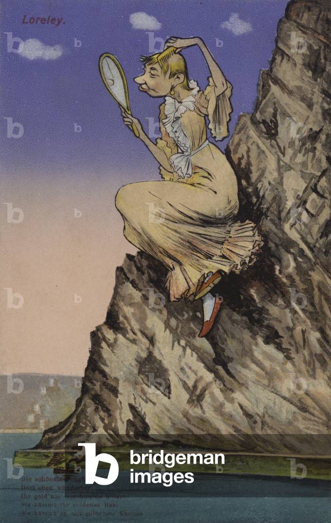 Lorelei, admiring herself in a mirror (colour litho)