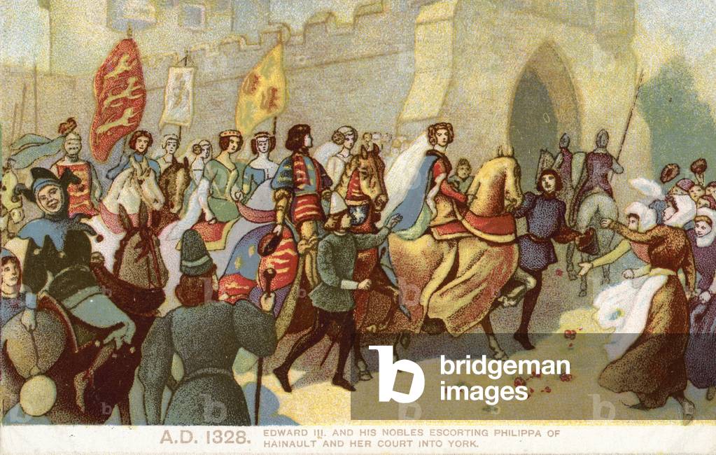 AD 1328, King Edward III and his nobles escorting Philippa of Hainault and her court into York (colour litho)