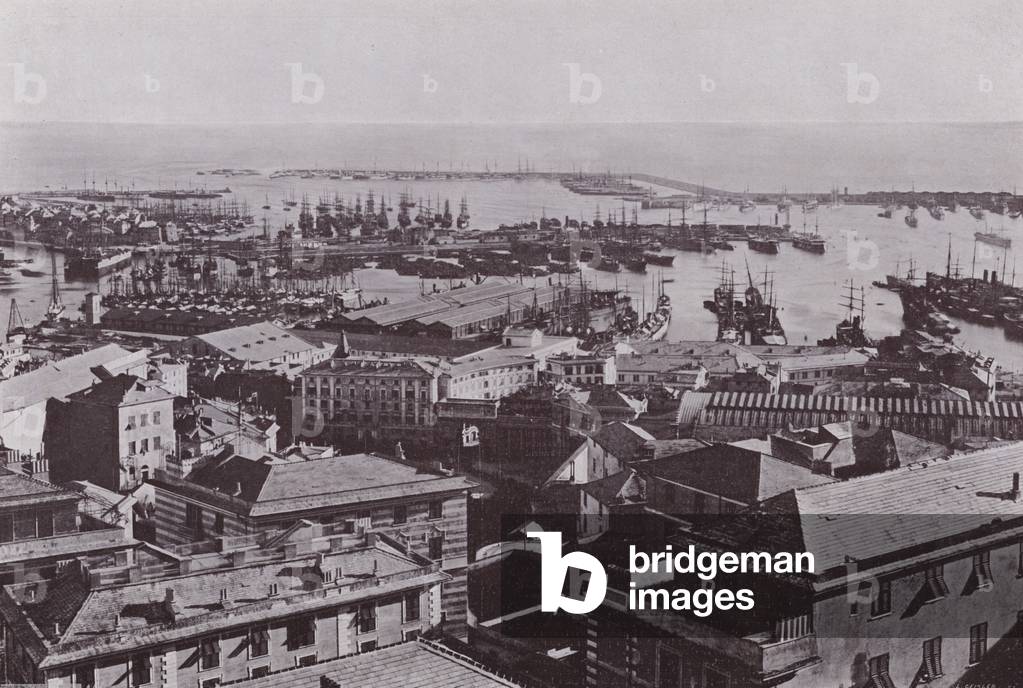 Italy: Genoa, panorama (b/w photo)