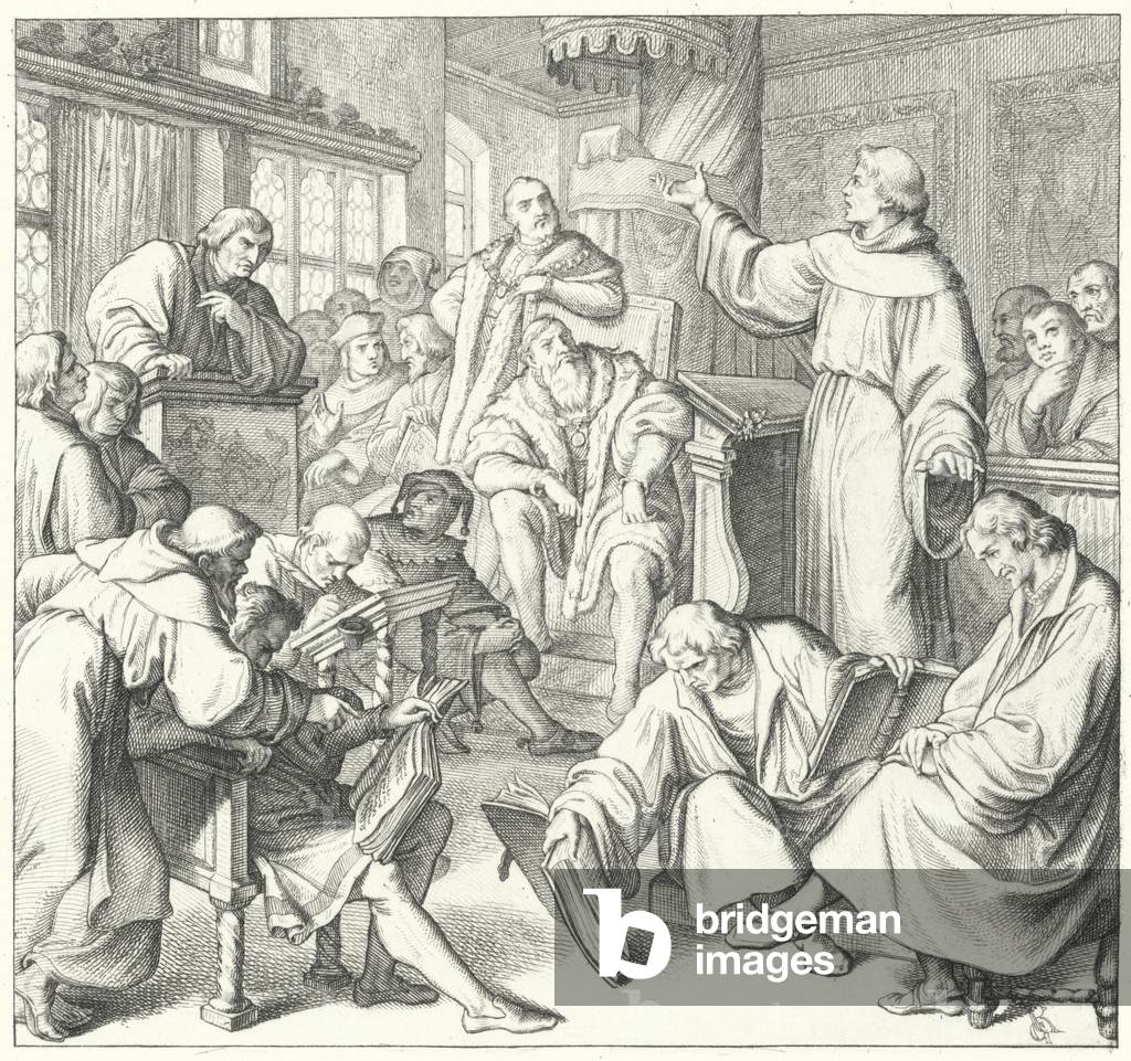 The Leipzig debate, Andreas Karlstadt, Johann Eck and Martin Luther, 1519 (engraving)