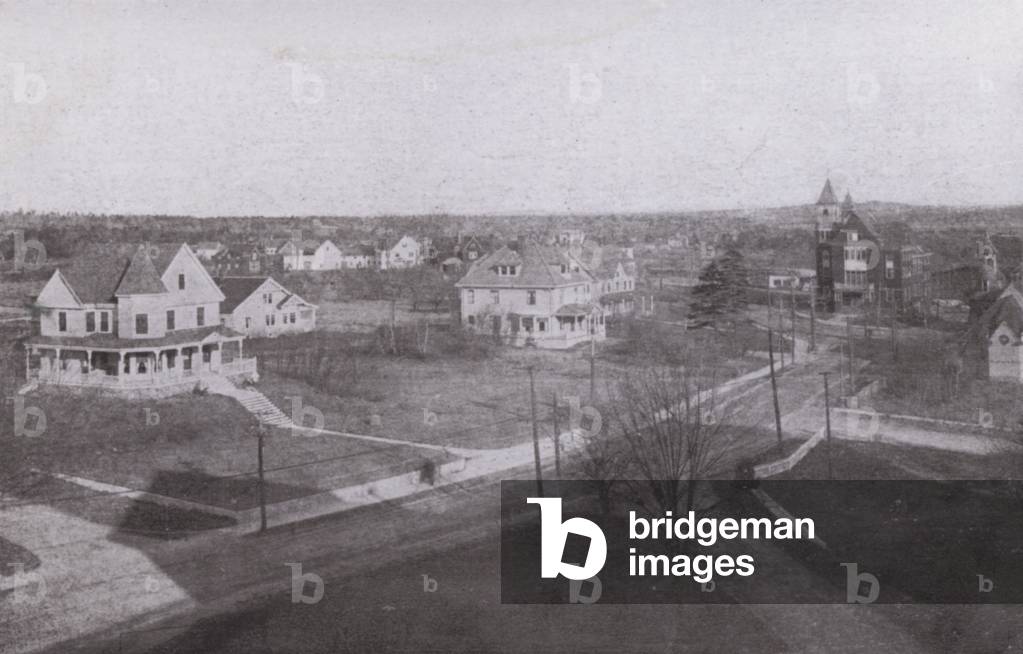 Old Orchard Beach, Maine: Looking inland from Old Orchard House (b/w photo)