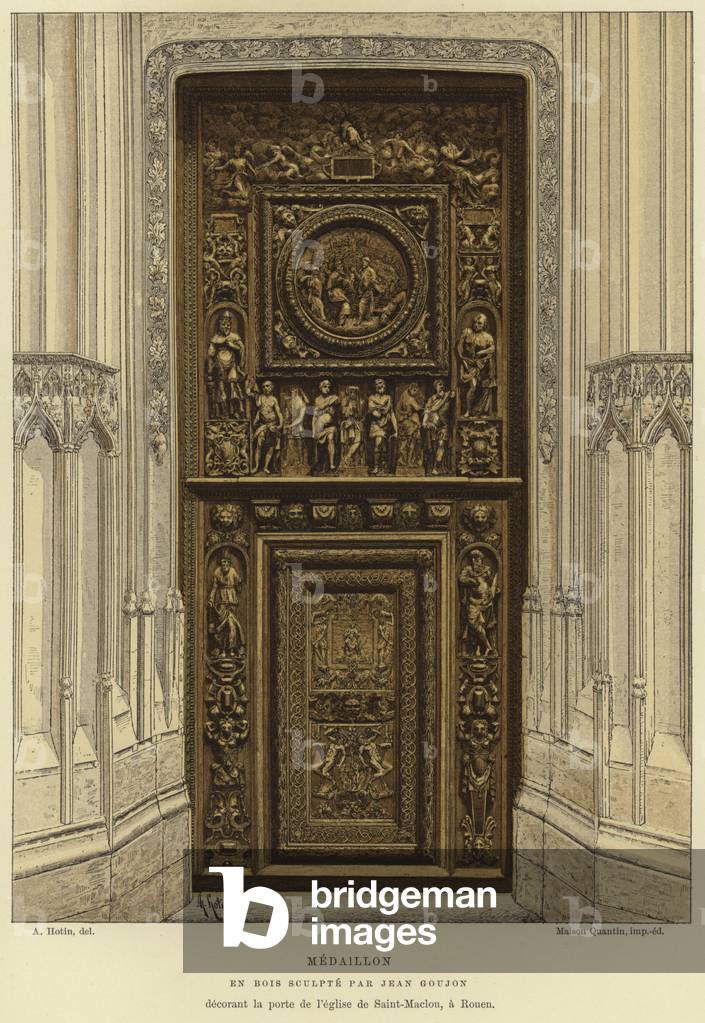 Medallion in wood carved by Jean Goujon in the door of the Church of Saint-Maclou, Rouen (colour litho)