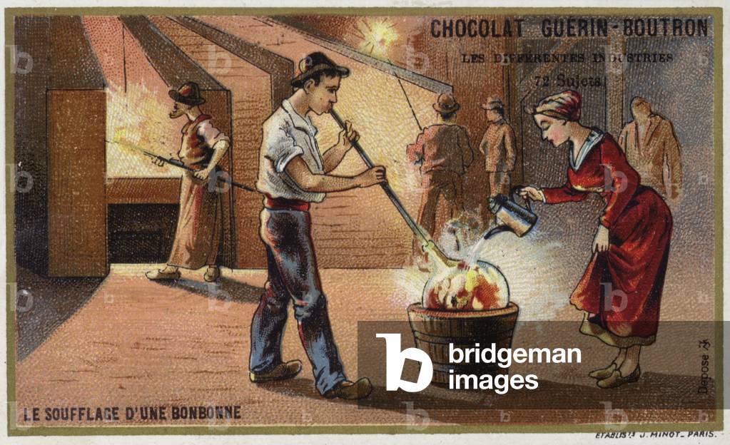 Glass blowing. Blowing a carboy. (chromolitho)