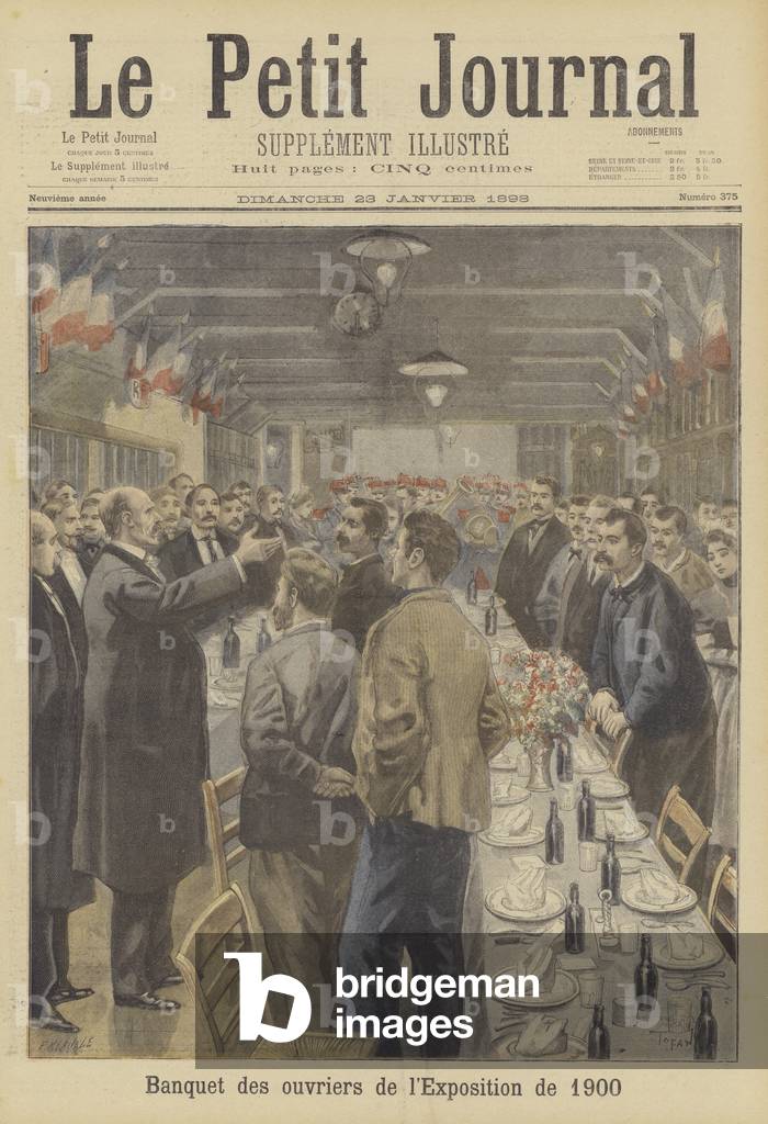 Banquet for workers preparing the site of the Universal Exposition of 1900 in Paris (colour litho)