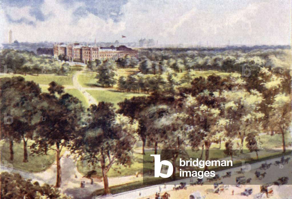 Green Park and Buckingham Palace from the Berkeley Hotel (colour litho)