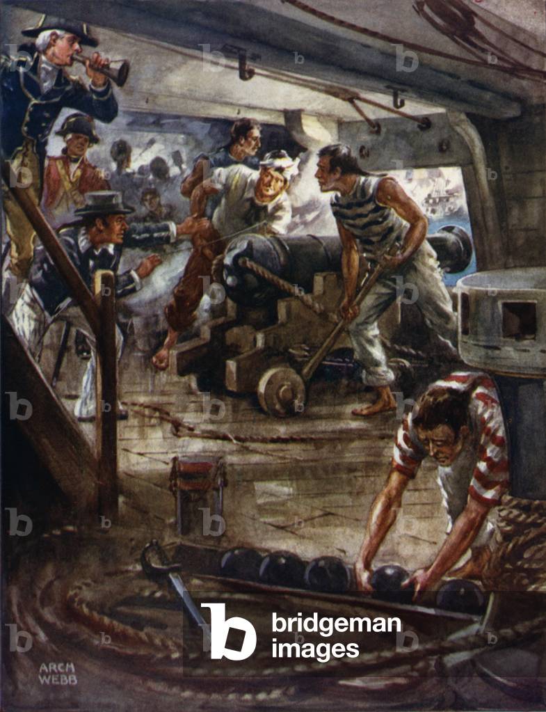 Battle of Copenhagen, 1801, Serving the Guns (colour litho)