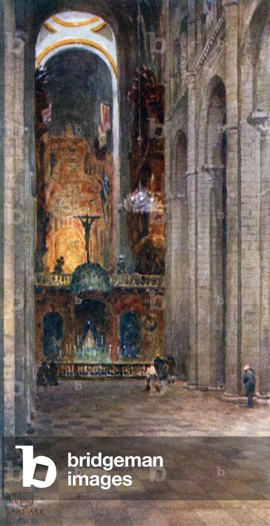 Santiago, interior of the Cathedral (colour litho)