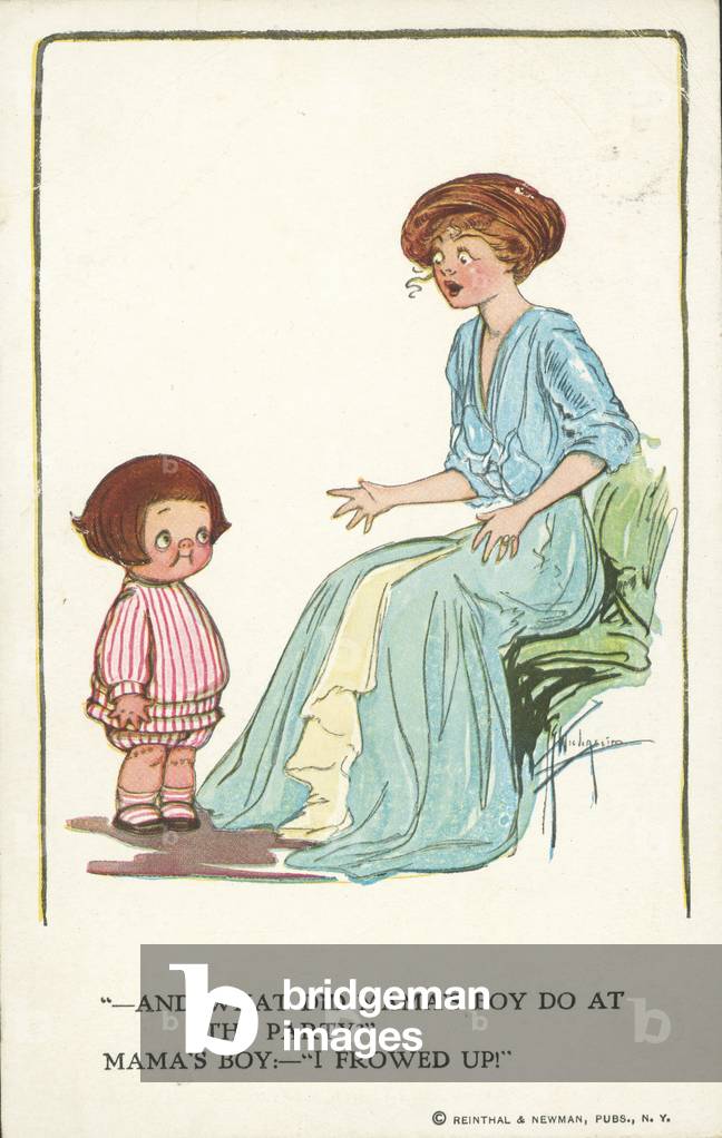 Mother asking her little boy what hed did at a party (colour litho)
