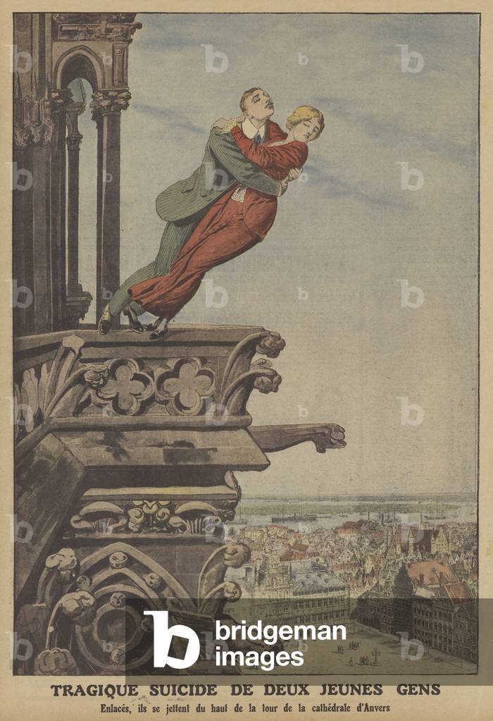 Tragic suicide of two young people in Belgium (colour litho)