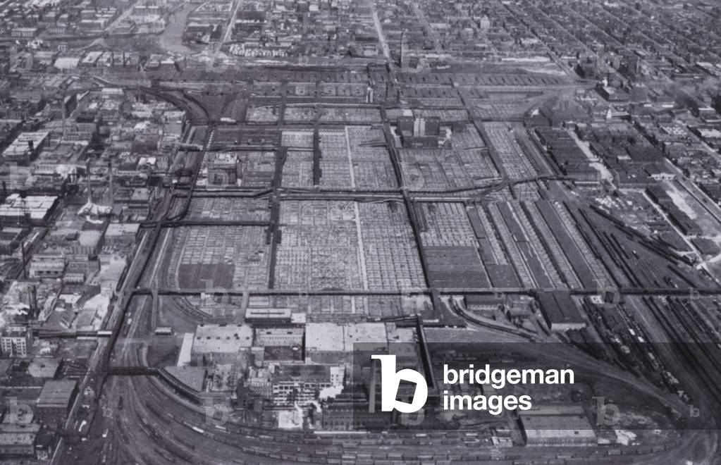 Chicago: The Chicago Stock Yards from the Air (b/w photo)