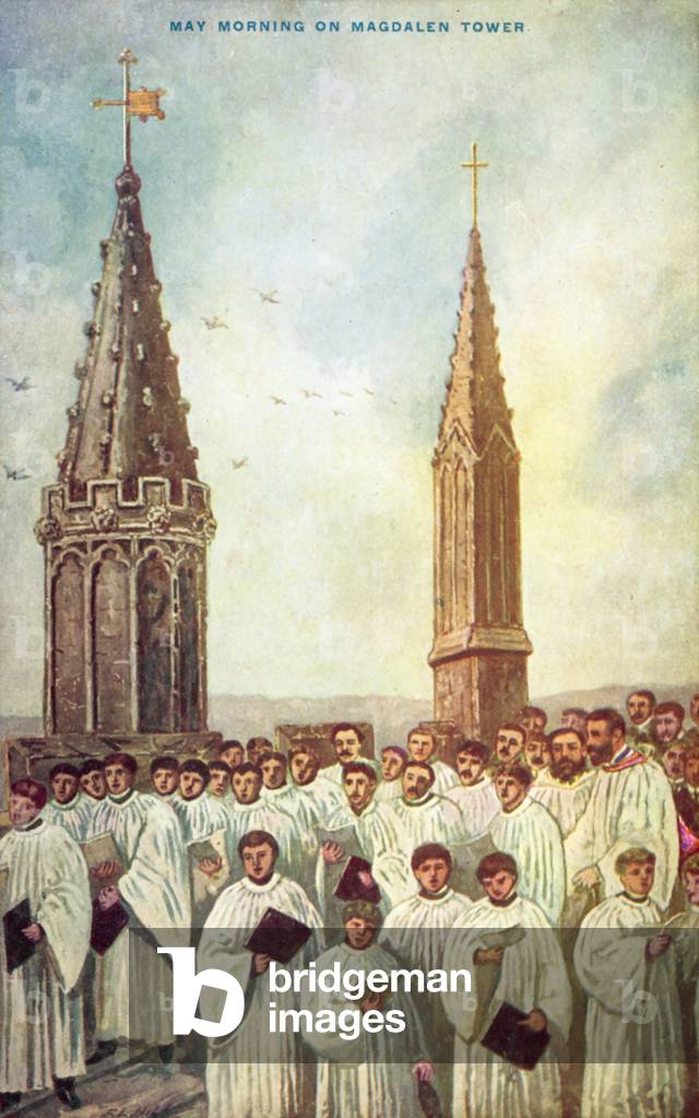 May Morning, Magdalen Tower, Oxford (colour litho)
