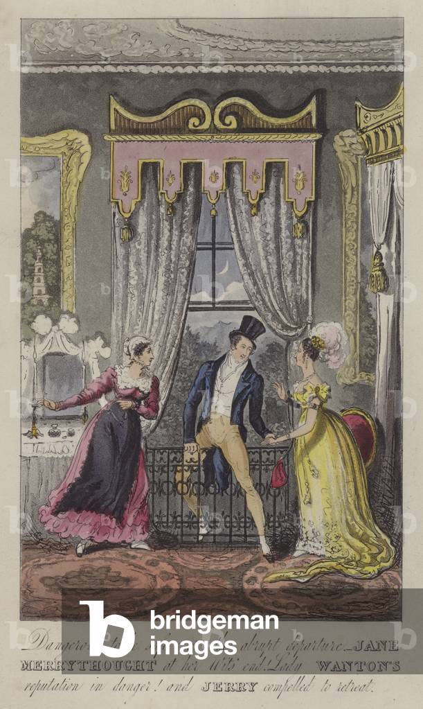 Dangerous to be safe; or the abrupt departure - Jane Merrythought at her wits' end. Lady Wanton's reputation in danger! and Jerry compelled to retreat (coloured engraving)