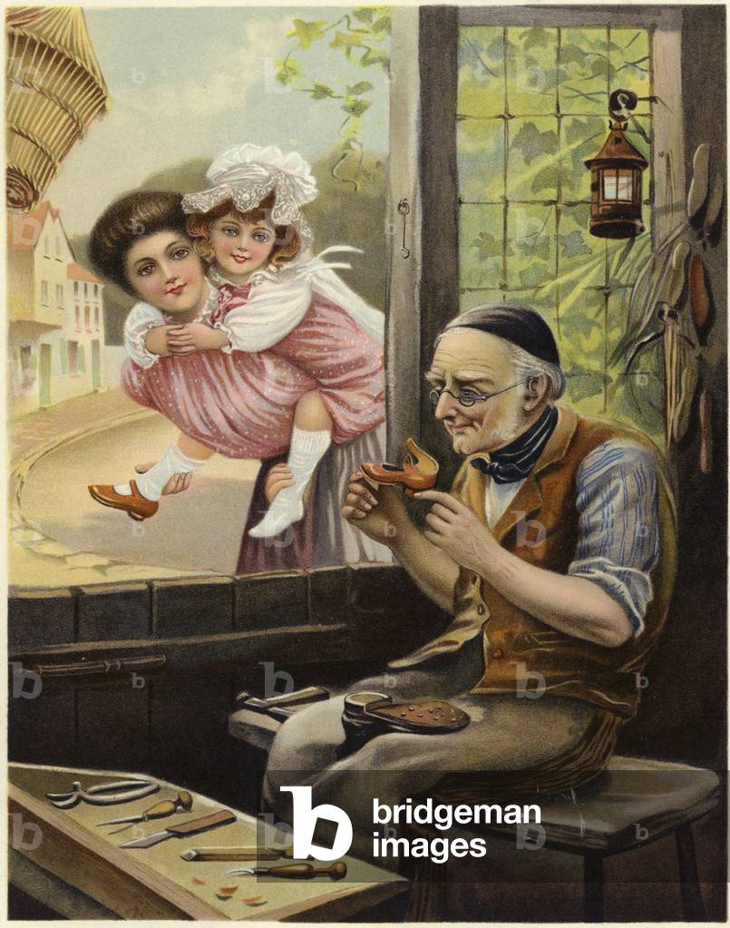 A young woman and a small girl watch a cobbler at work (colour litho)
