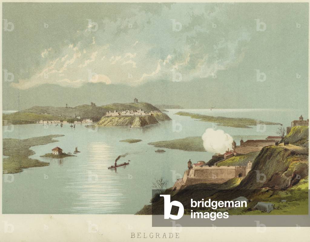 Belgrade at the confluence of the Sava and Danube rivers (colour litho)
