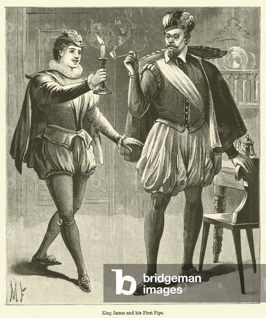 King James and his First Pipe (engraving)