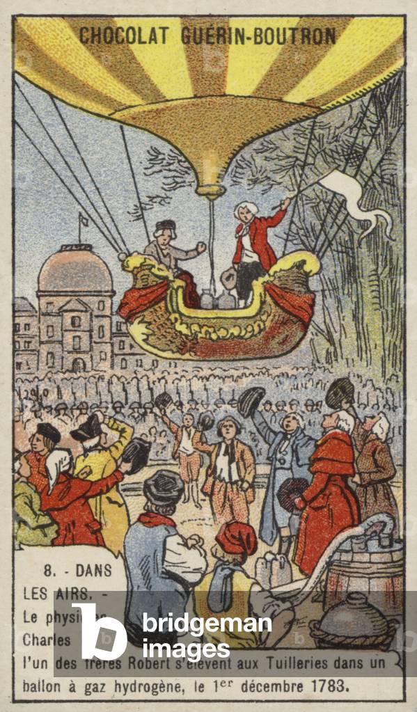 First manned flight in a hydrogen balloon, 1 December 1783 (chromolitho)