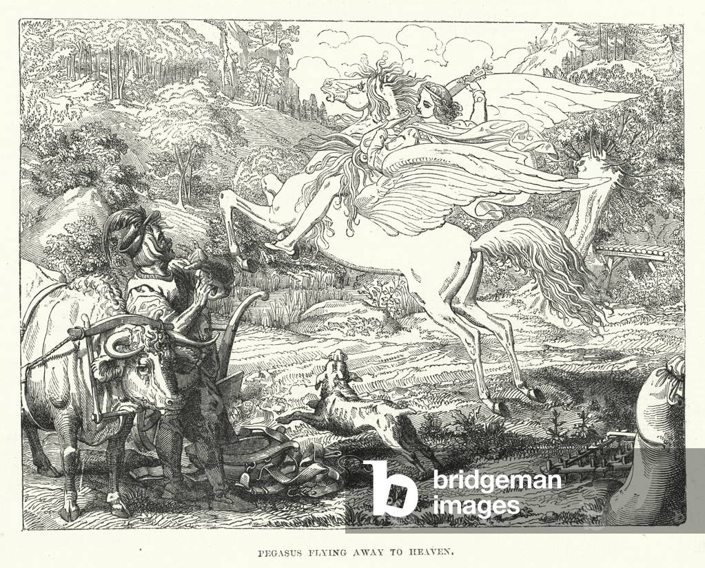 Pegasus flying away to heaven (engraving)