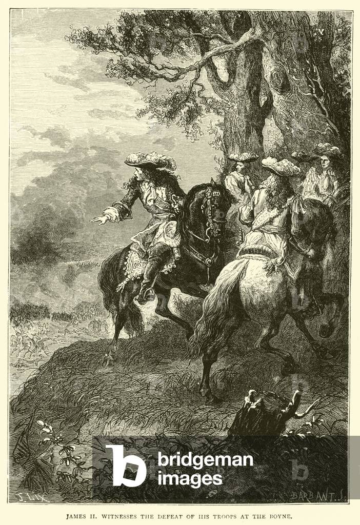 James II witnesses the defeat of his troops at the Boyne (engraving)