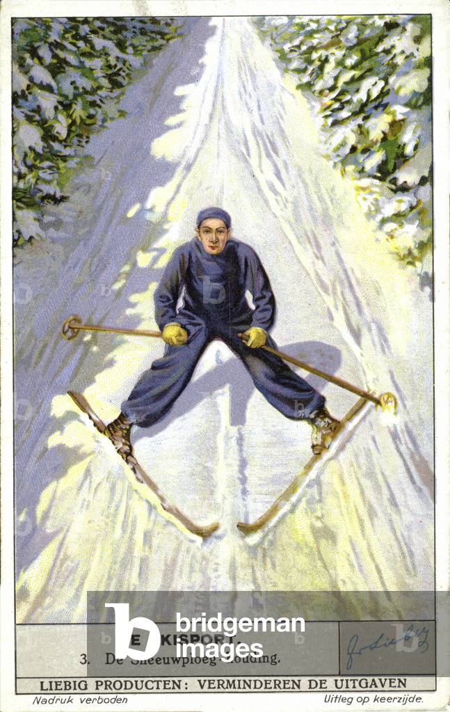 Skier performing a snowplough turn (chromolitho)